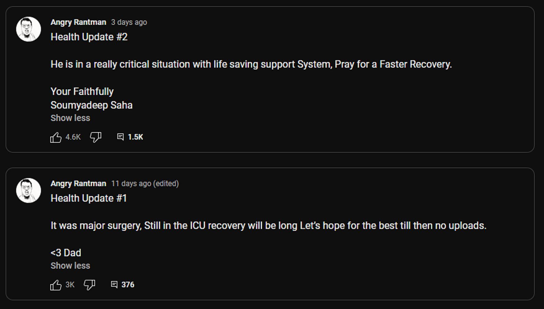The last two health updates provided on the YouTuber&#039;s channel (Image via YouTube/Angry Rantman)