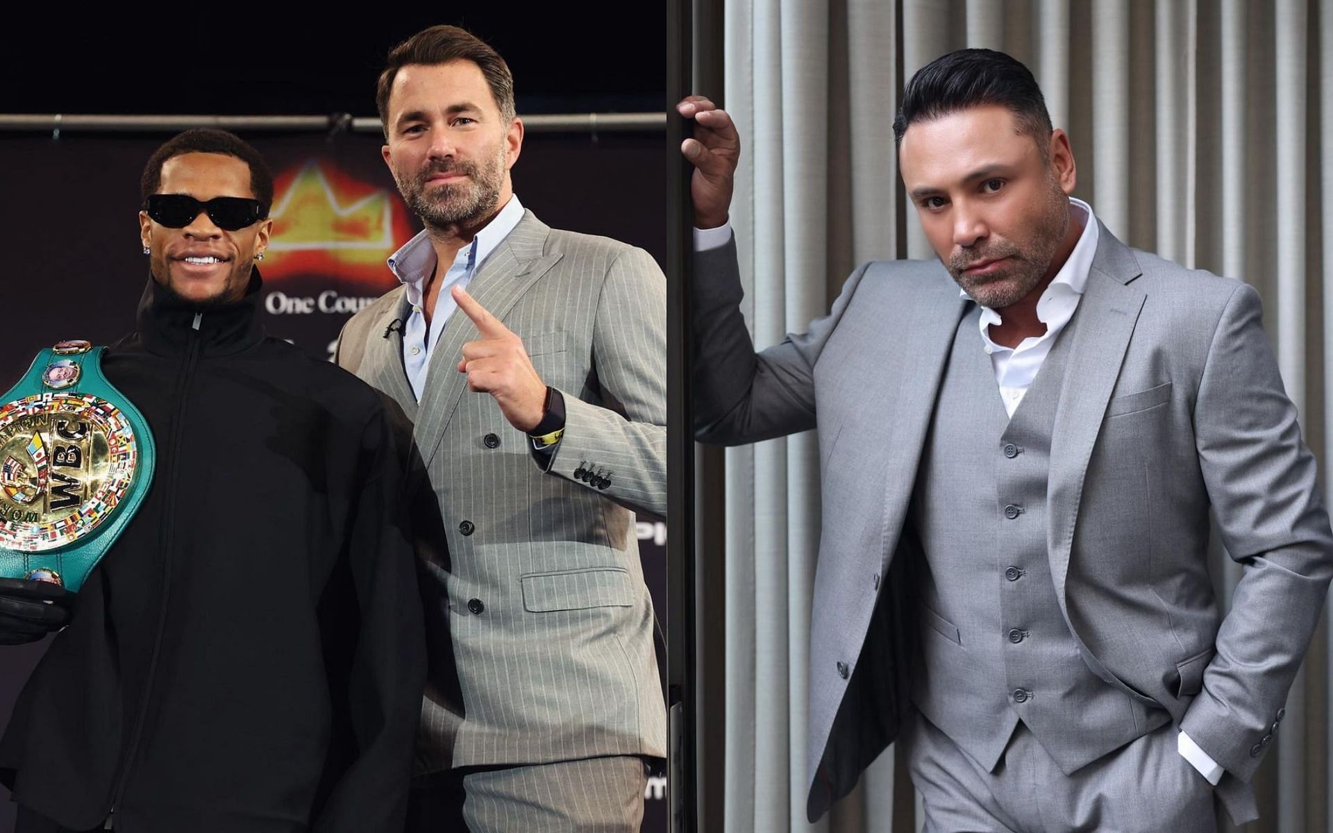 Oscar De La Hoya (right) mocks Eddie Hearn