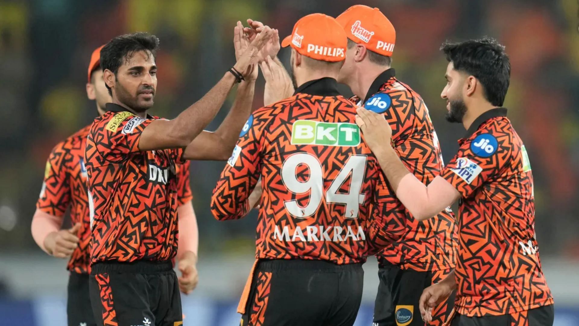 Bhuvneshwar Kumar (right) and team celebrating his wicket (Credits: IPL via BCCI)