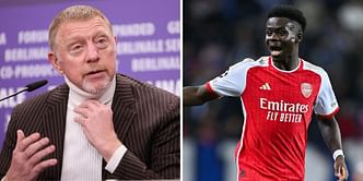 Boris Becker reacts to controversial penalty denial during Arsenal's champions league tie against Bayern Munich