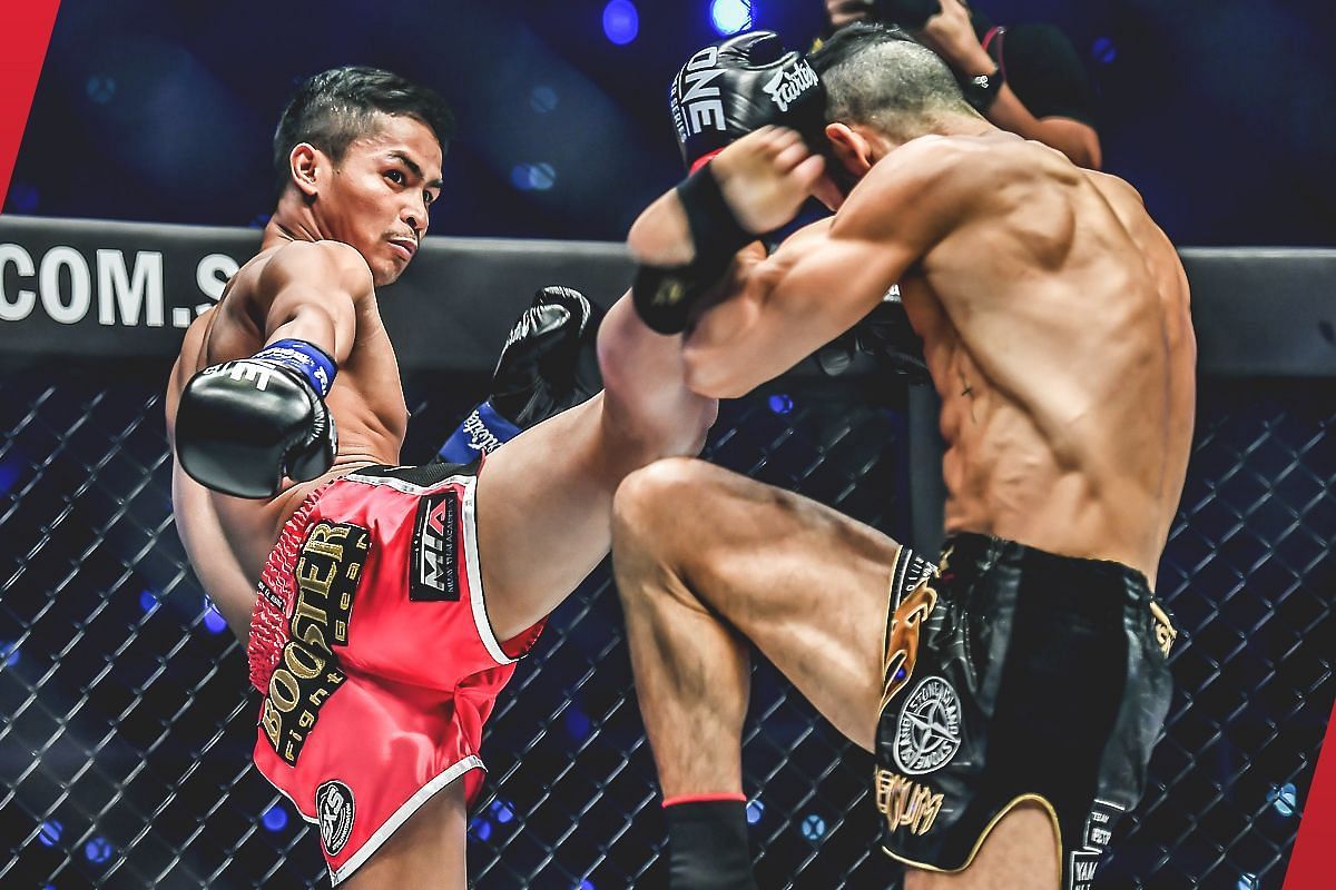 Superbon (left) lands a big kick on Giorgio Petrosyan (right) [Photo via: ONE Championship]