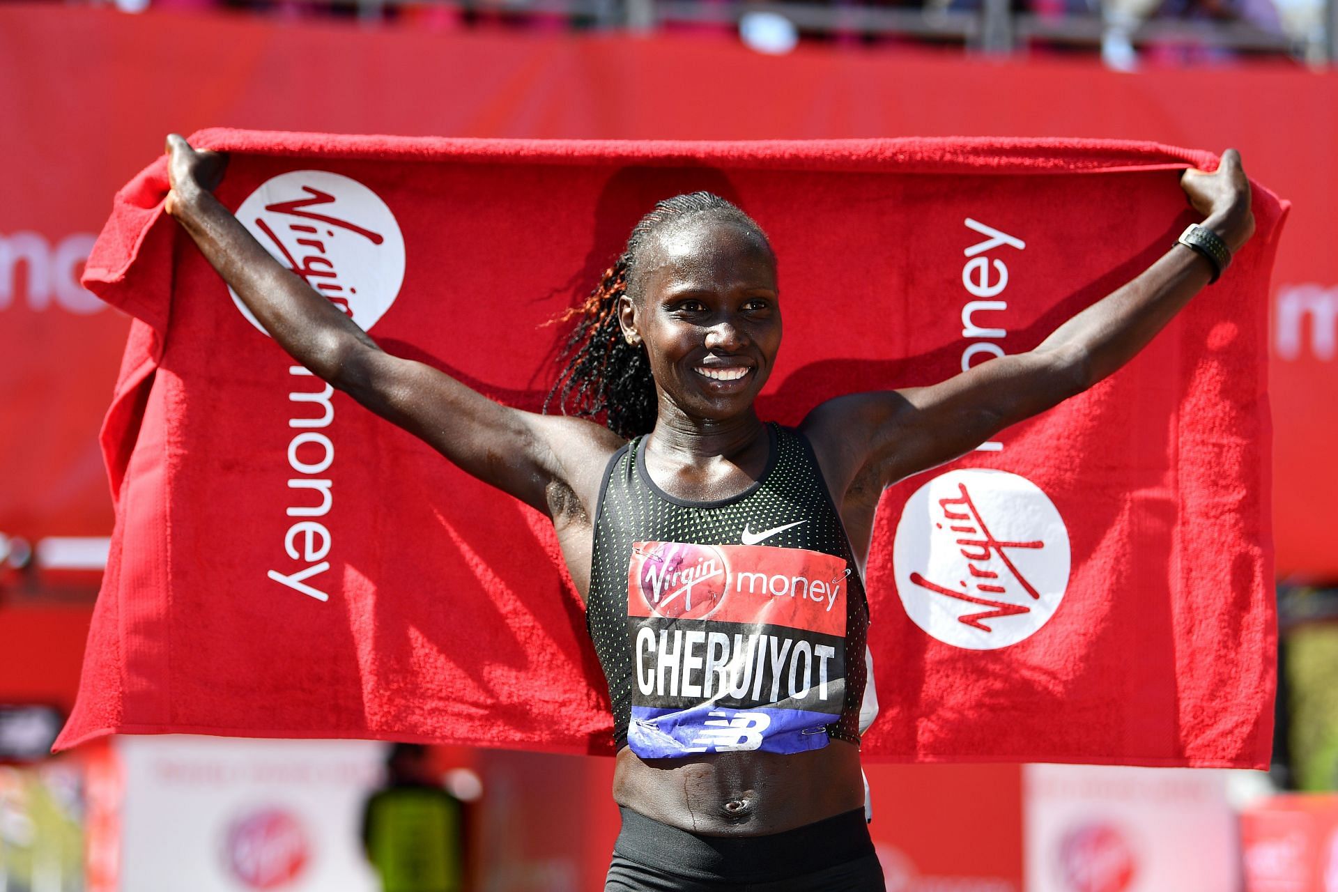 Vivian Cheruiyot of Kenya celebrates after winning the women&#039;s race during the Virgin Money London Marathon in the United Kingdom on April 22, 2018, in London, England.