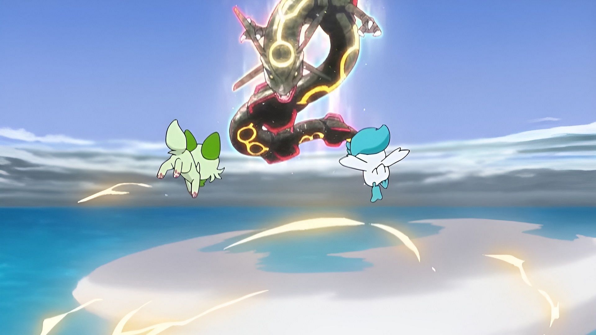 Sprigatito and Quaxly launch to attack Rayquaza in our Pokemon Horizons Episode 45 recap (Image via The Pokemon Company)