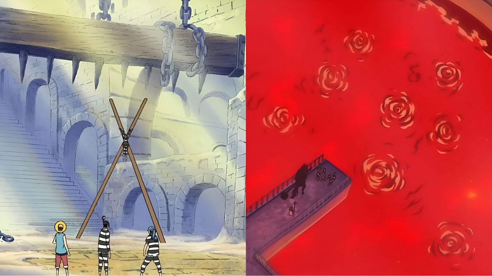 Level 3 (left) and level 4 (right) of Impel Down (Image via Toei Animation)