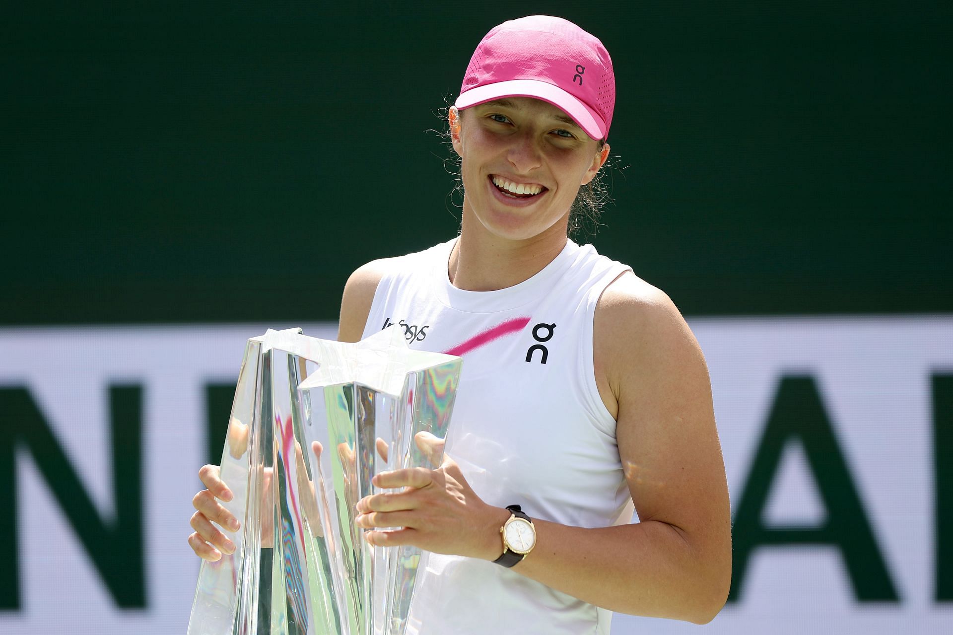 Iga Swiatek pictured sporting her Rolex 1908 Perpetual at the 2024 BNP Paribas Open in Indian Wells.