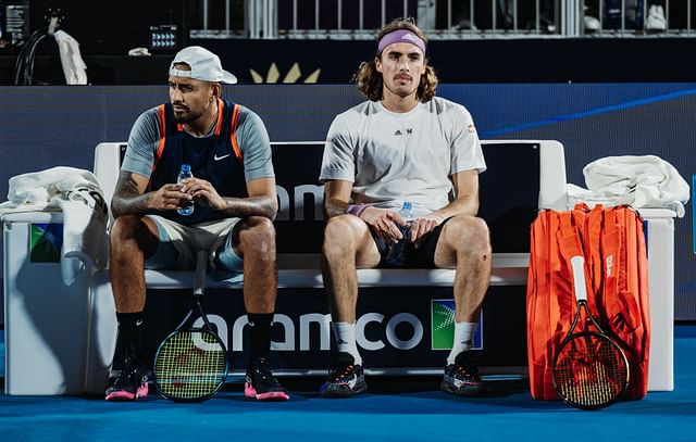 Kyrgios(L) and Tsitsipas(R) during the Diriyah Tennis Cup Riyadh 2022