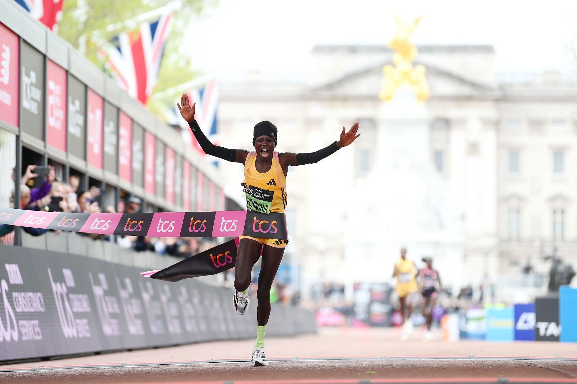 Peres Jepchirchir of Kenya celebrates after winning the Women&#039;s elite race and setting a new world record during the 2024 TCS London Marathon on April 21, 2024 in London, England. (Photo by Alex Davidson/Getty Images)