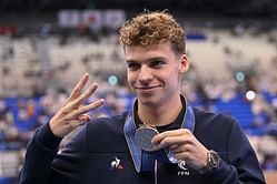Leon Marchand reacts to the claim of winning a 200 fly and breaststroke double at the Paris Olympics 2024