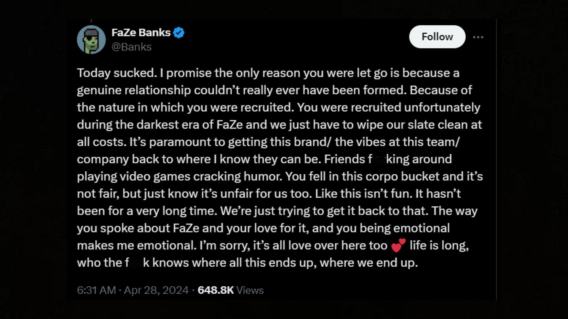 FaZe explains the reason behind Kalei&#039;s removal (Image via Banks/X)