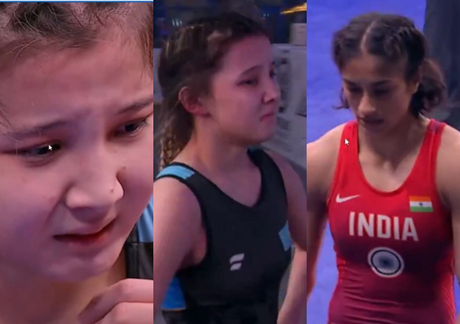 Kazakhstan wrestler Laura Ganikyzy in tears. (Credit: Video Grab/UWW)