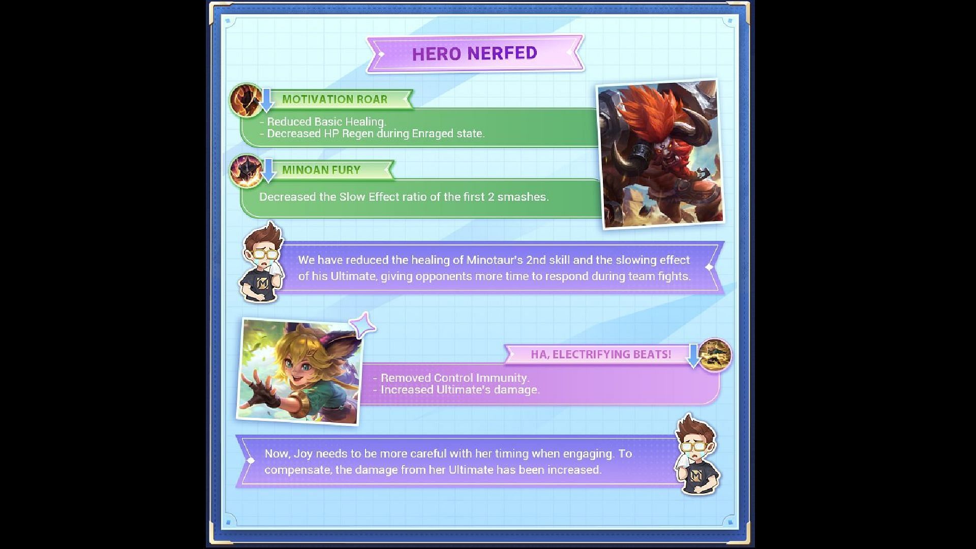 Minotaur and Joy will be nerfed in this update (Image via Moonton games)