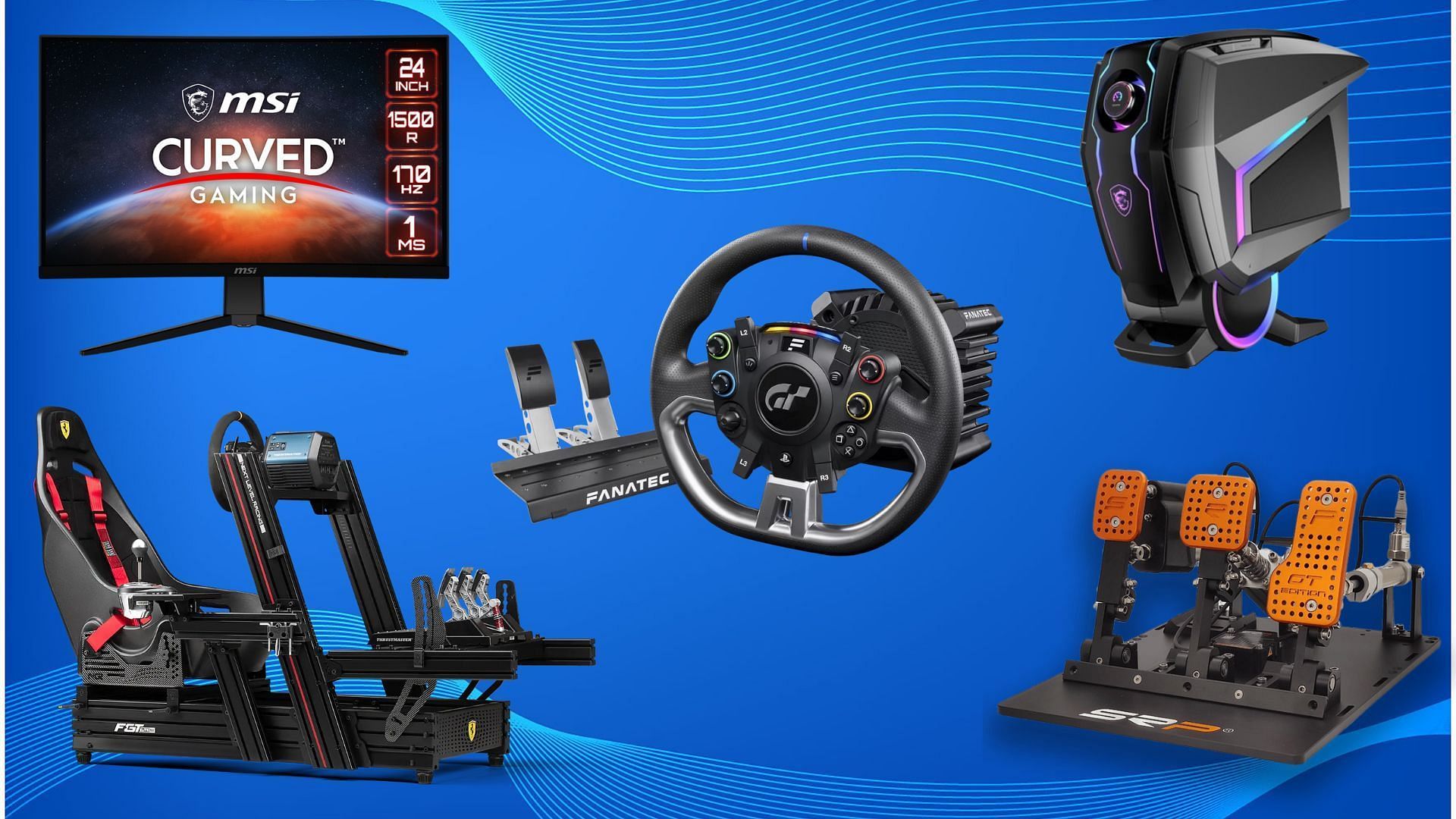 Most important components for sim racing (Image via MSI, Next Level Racing, SRP, PlayStation)