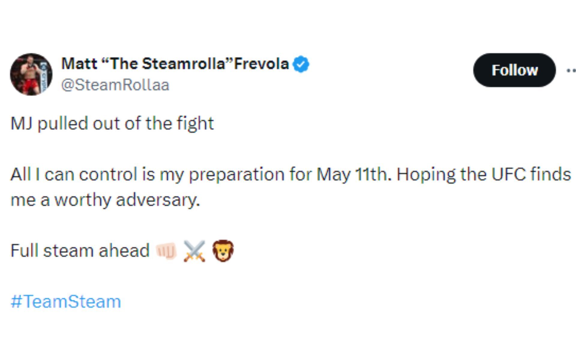 Frevola&#039;s tweet regarding Johnson [Image courtesy: @SteamRollaa - X]