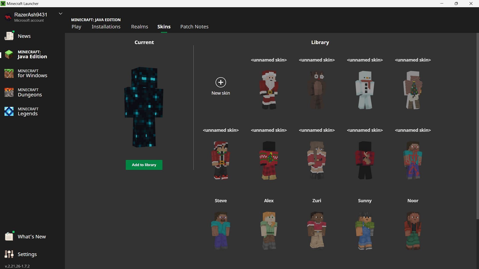 Open the skins tab from the top of the official game launcher (Image via Mojang Studios)