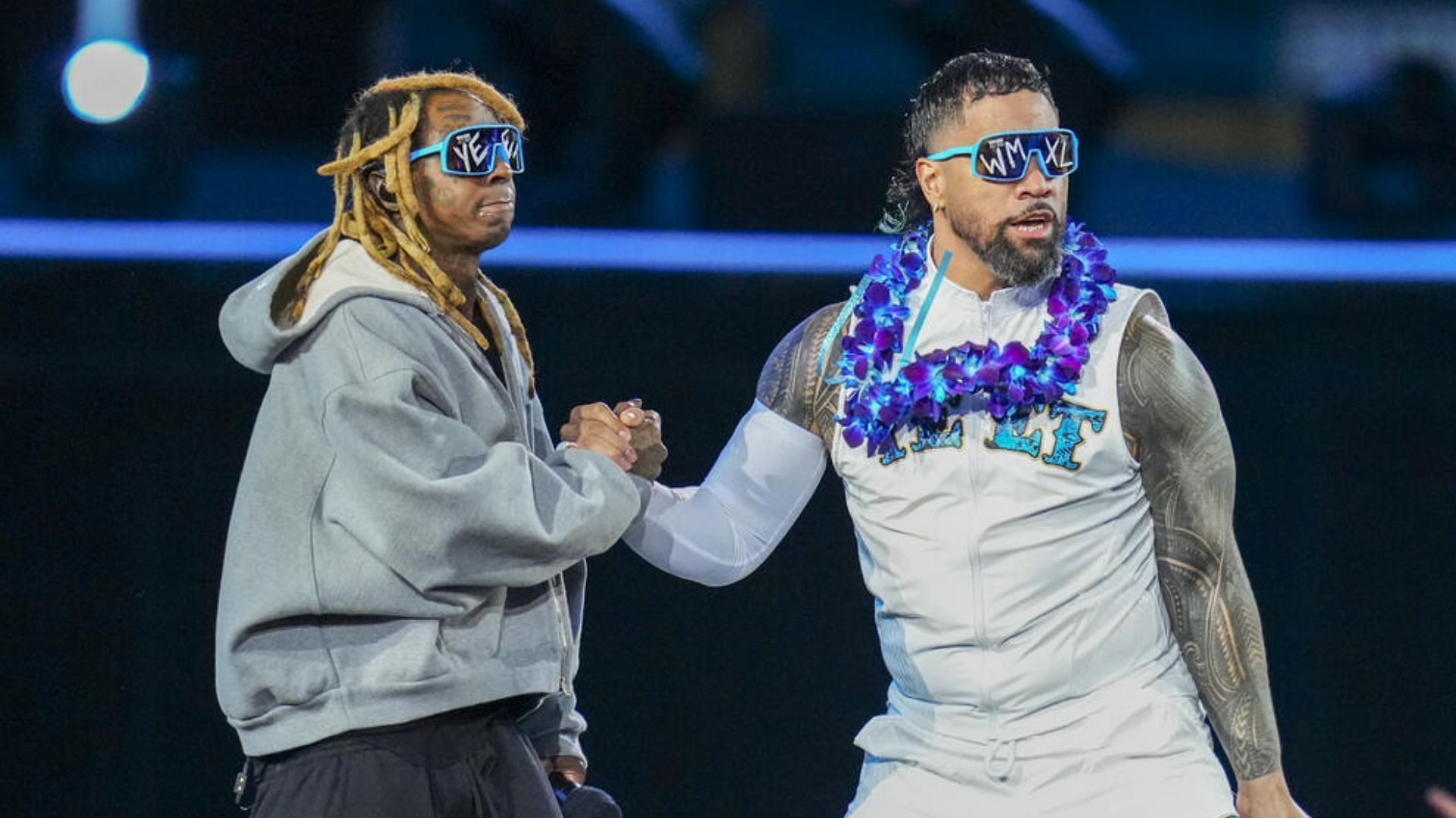 Grammy Award winning rapper Lil Wayne and Jey Uso at WrestleMania XL (Credit: WWE)
