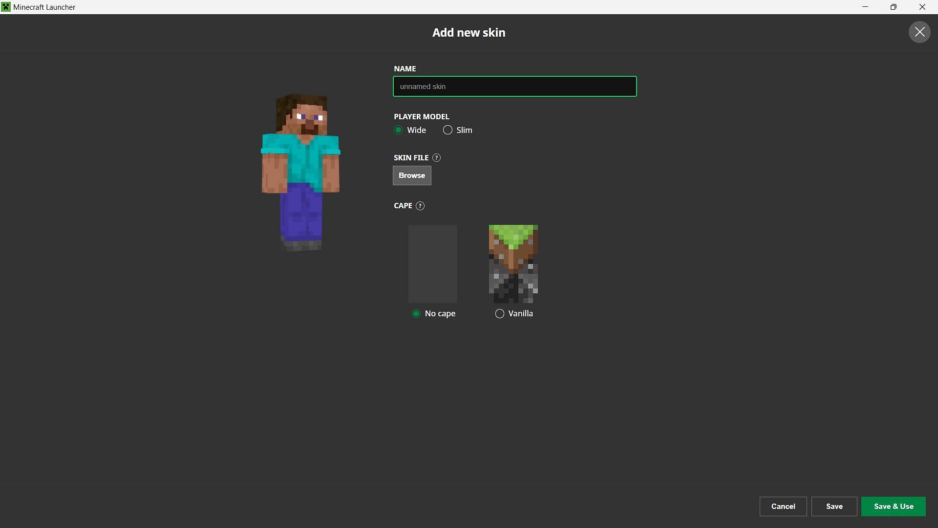 Add a fresh skin to the launcher by clicking the new skin button (Image via Mojang Studios)