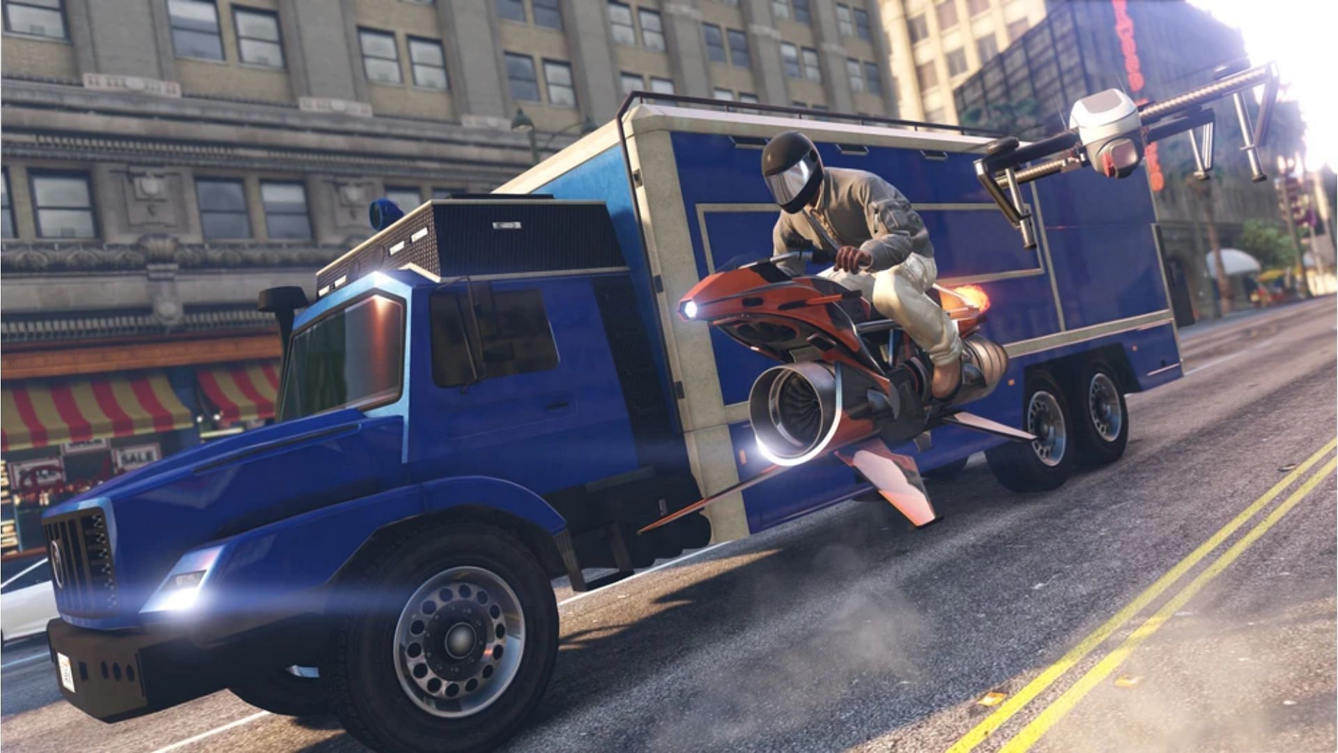 The expedition truck with the Pegassi Oppressor Mk II in Grand Theft Auto 5 Online (Image via Rockstar Games)
