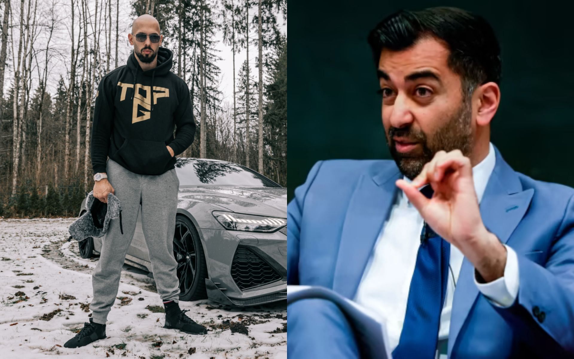 Andrew Tate (left) criticizes Hamza Yousaf (right) after the latter
