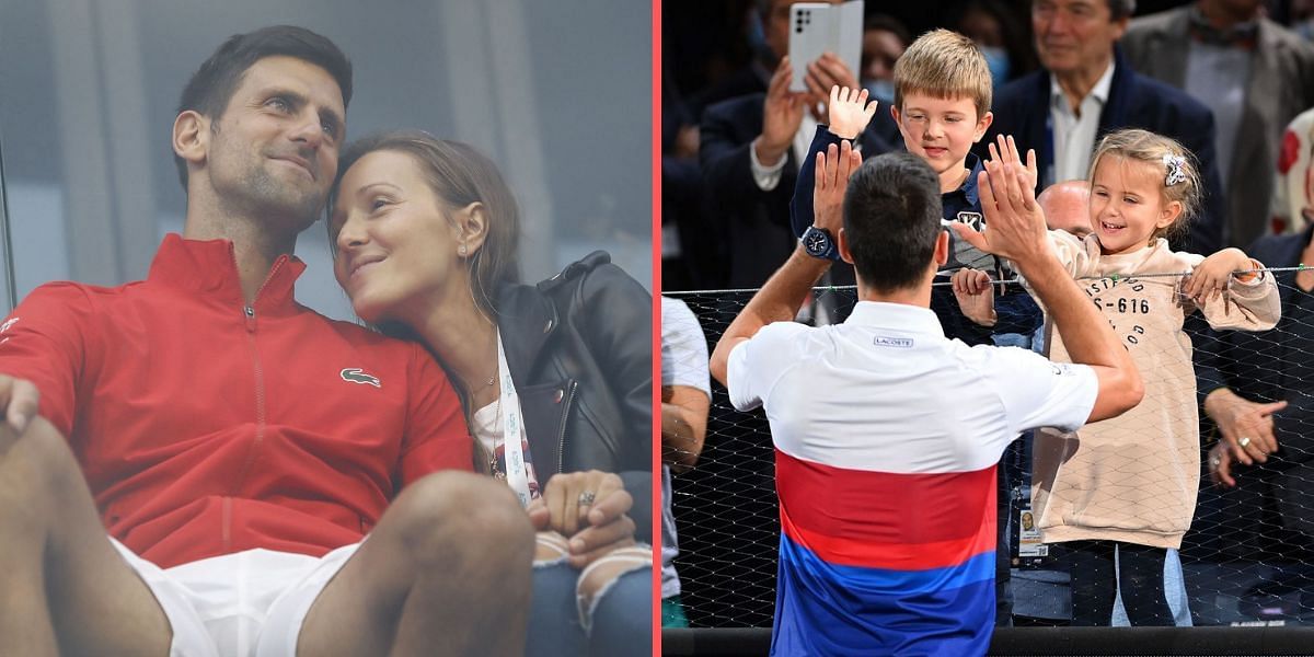 Novak Djokovic with his wife Jelena(L) and kids(R)