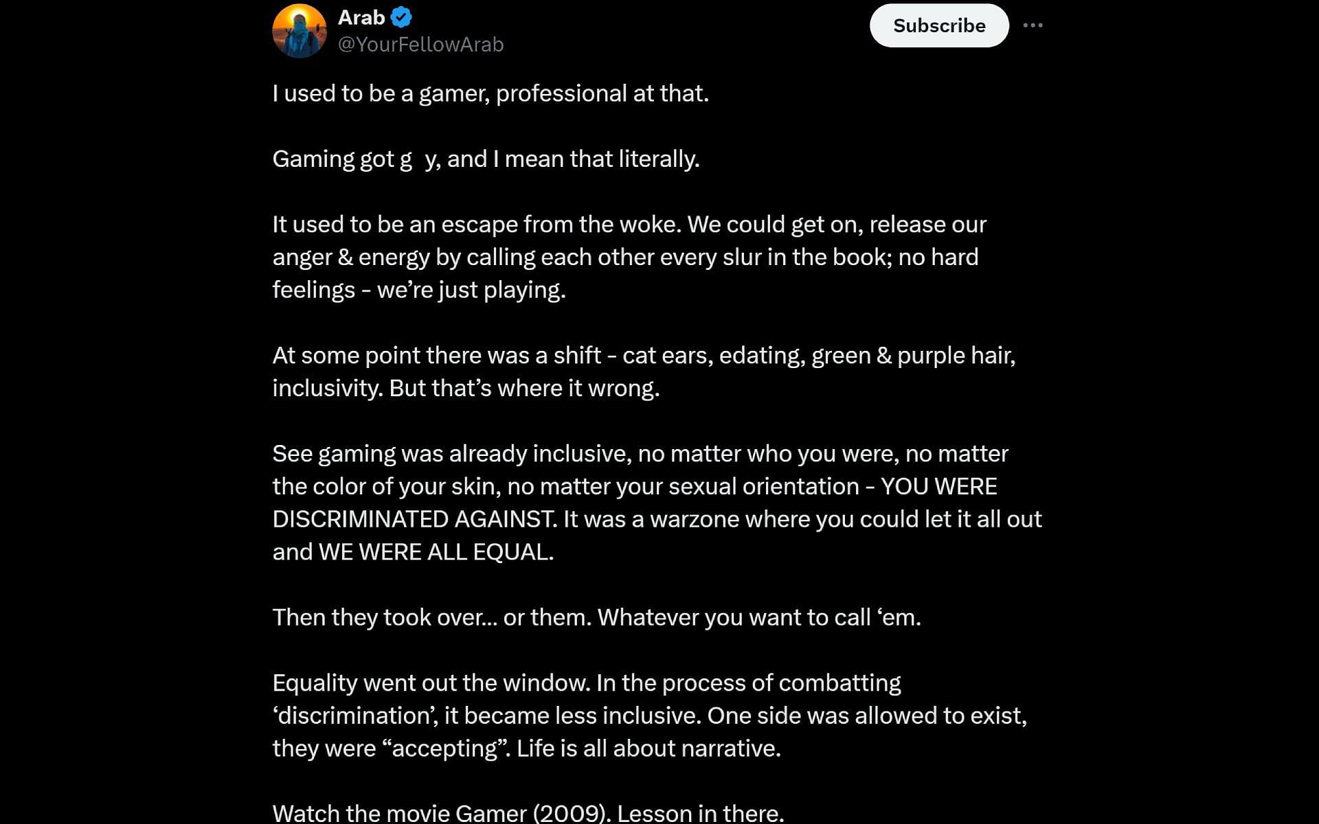 Popular streamer YourFellowArab&#039;s tweet in which he claimed gaming has become &quot;less inclusive&quot; (Image via X)