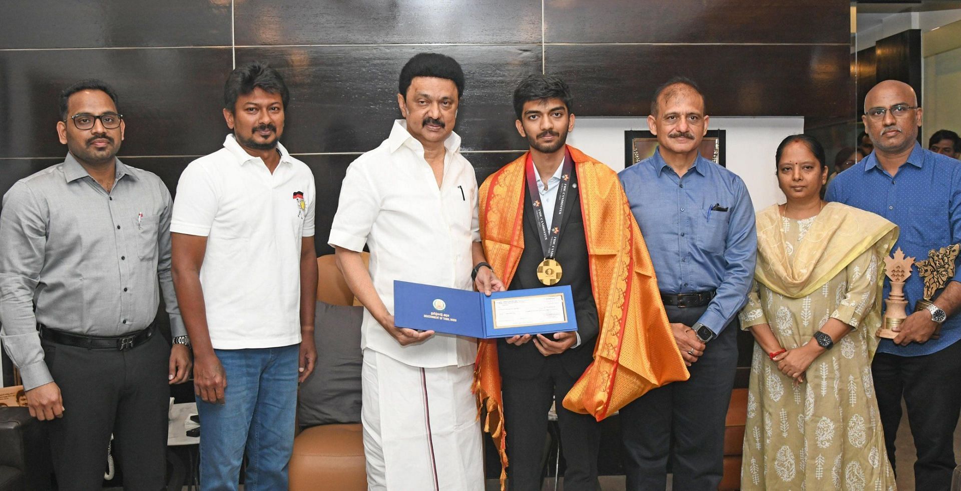 Gukesh D with Tamil Nadu CM and Sports Minister (Credit: Stalin/X)