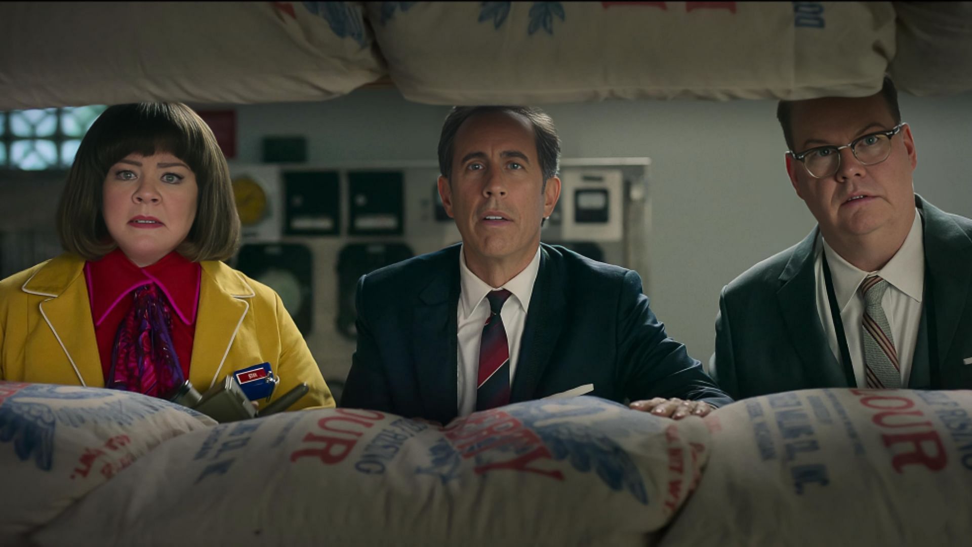 (Left to right) Melissa McCarthy, Jerry Seinfeld, and Jim Gaffiganin in a still from Unfrosted (Image via Netflix)