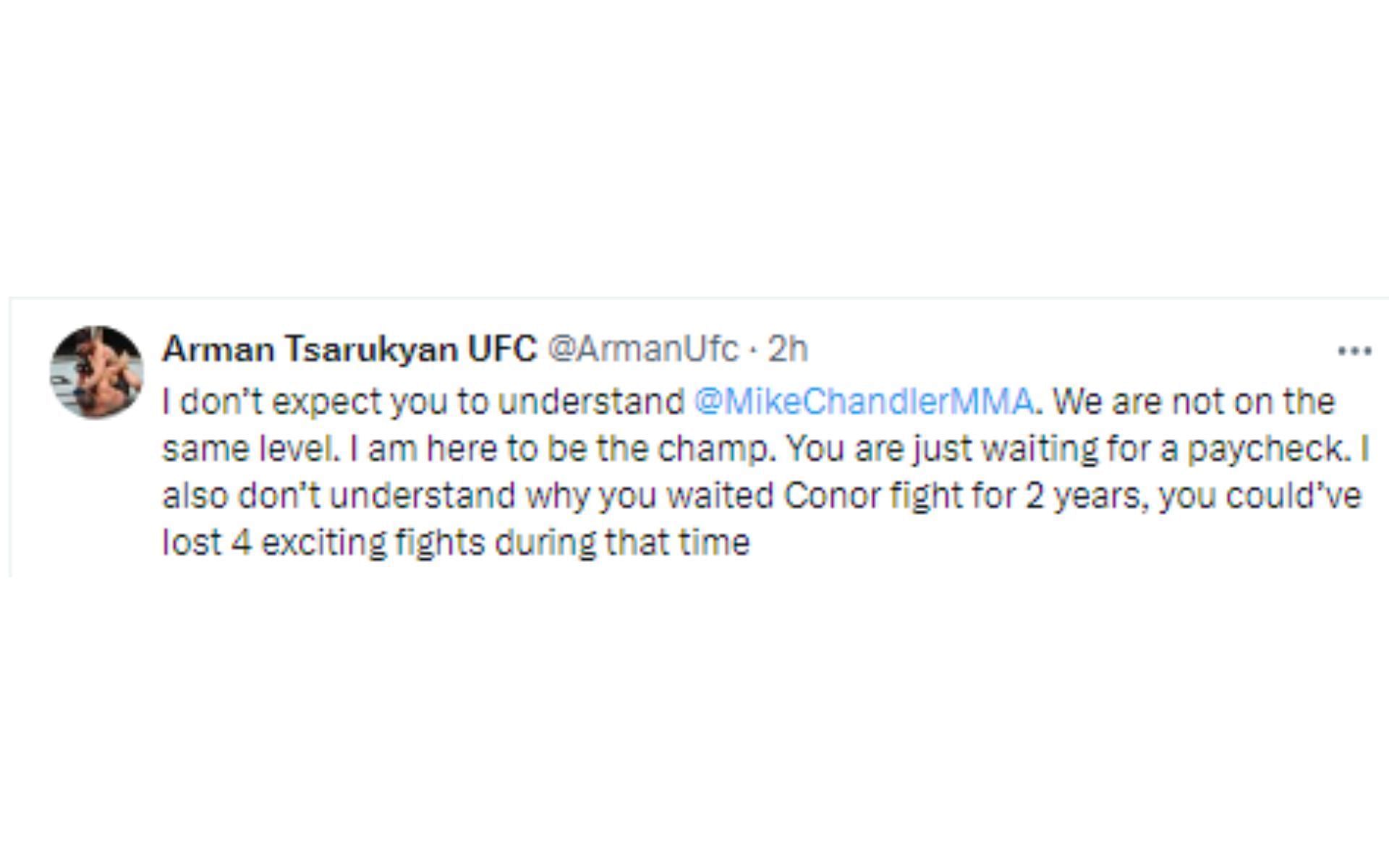 Tsarukyan&#039;s tweet reacting to Chandler [Image courtesy: @ArmanUfc - X]