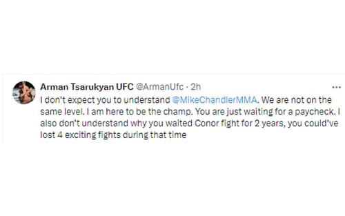 Tsarukyan's tweet reacting to Chandler [Image courtesy: @ArmanUfc - X]