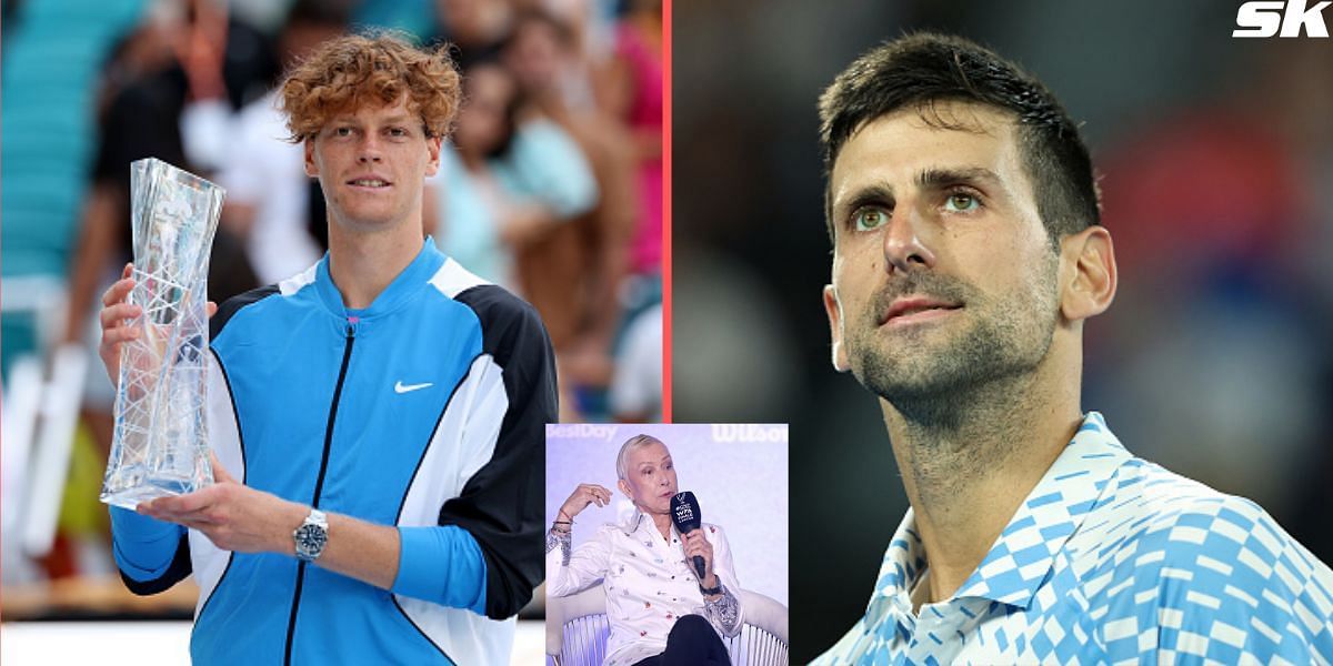 Jannik Sinner (L), Novak Djokovic (R), and Martina Navratilova (inset)