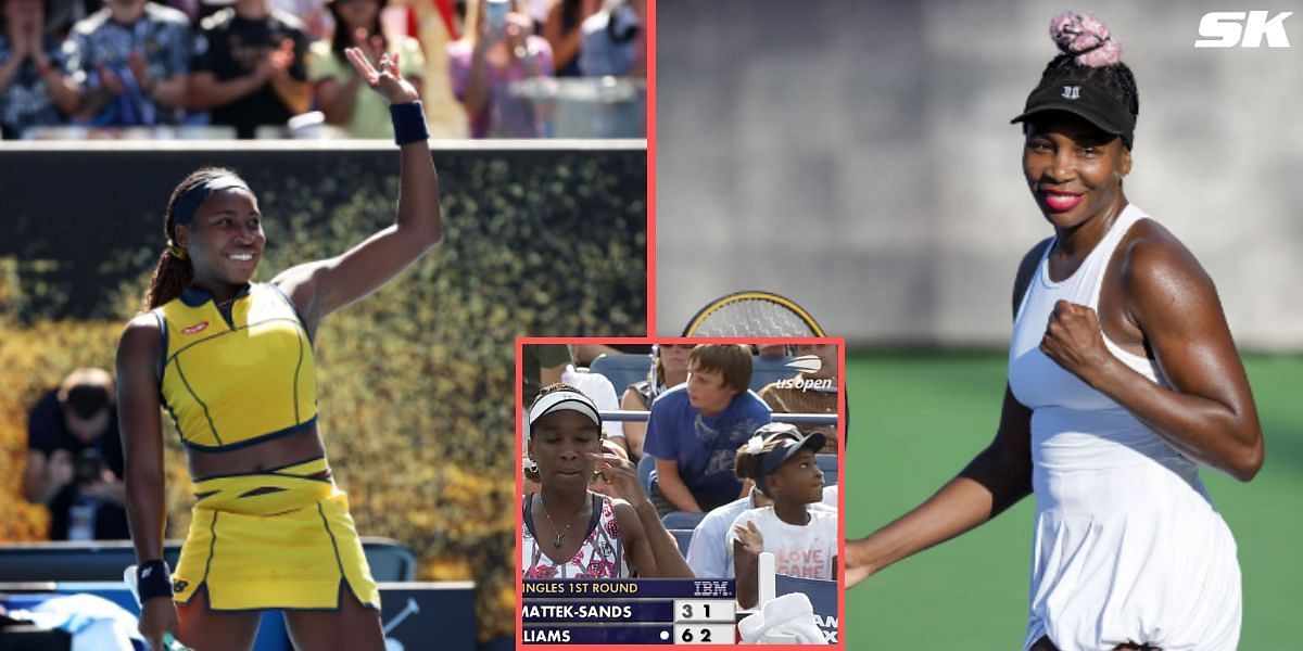Coco Gauff and Venus Williams; inset from 2012 US Open