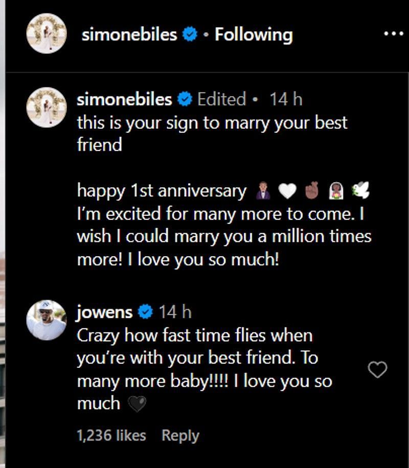 Jonathan Owens comments on wife Simone Biles&#039; wedding anniversary post