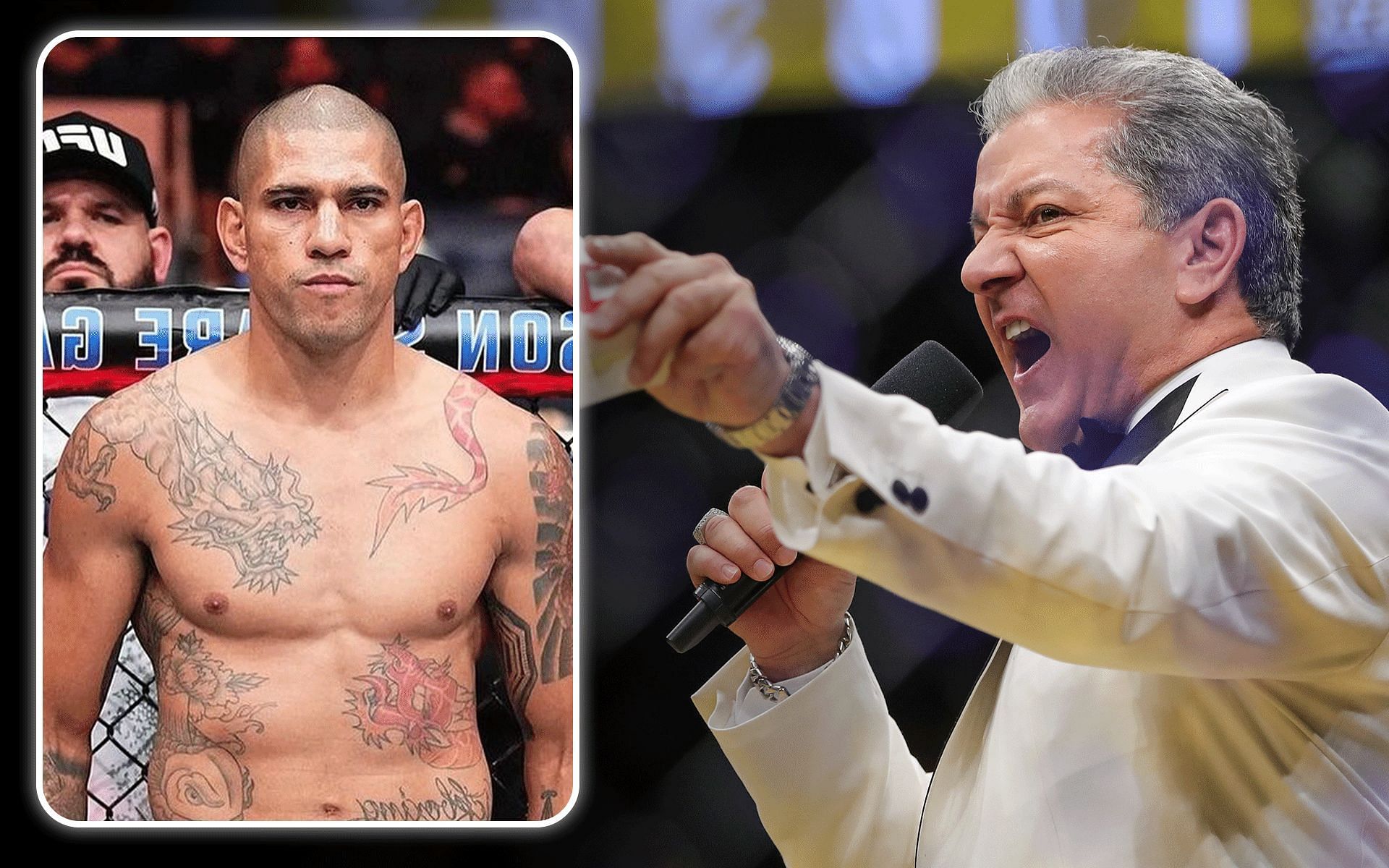 Alex Pereira (left) is one of the more popular UFC fighters today, whereas Bruce Buffer has long been a widely revered UFC fight announcer [Images courtesy: @alexpoatanpereira and Getty Images]