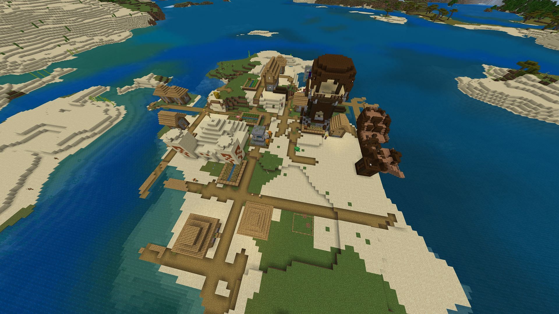 A nearby island in this Minecraft PE seed is rife with lootable structures (Image via Mojang)