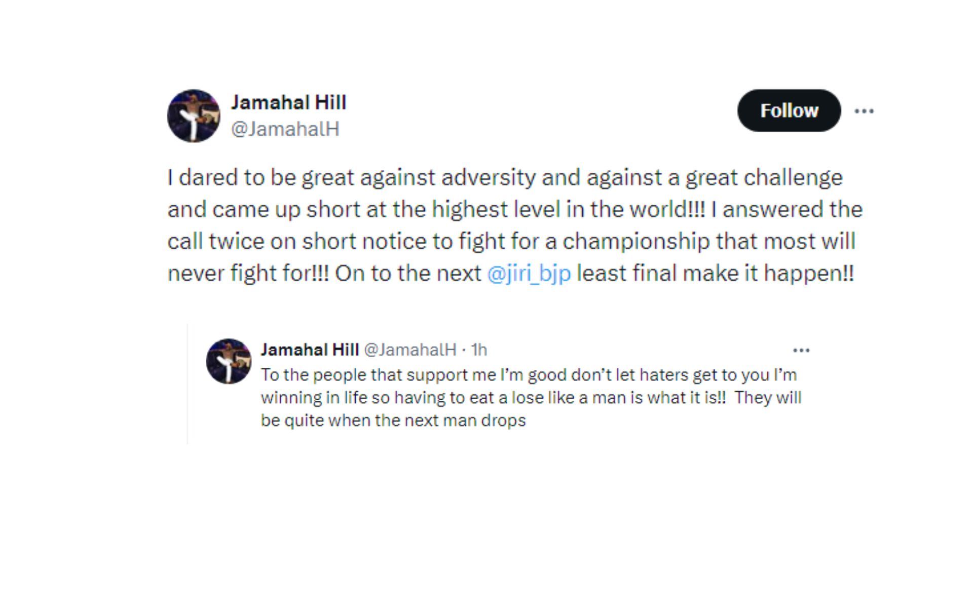 Hill&#039;s tweets regarding loss to Pereira and challenge to Prochazka [Image courtesy: @JamahalH - X]