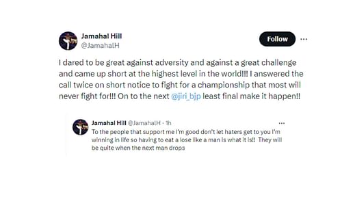 Hill's tweets regarding loss to Pereira and challenge to Prochazka [Image courtesy: @JamahalH - X]