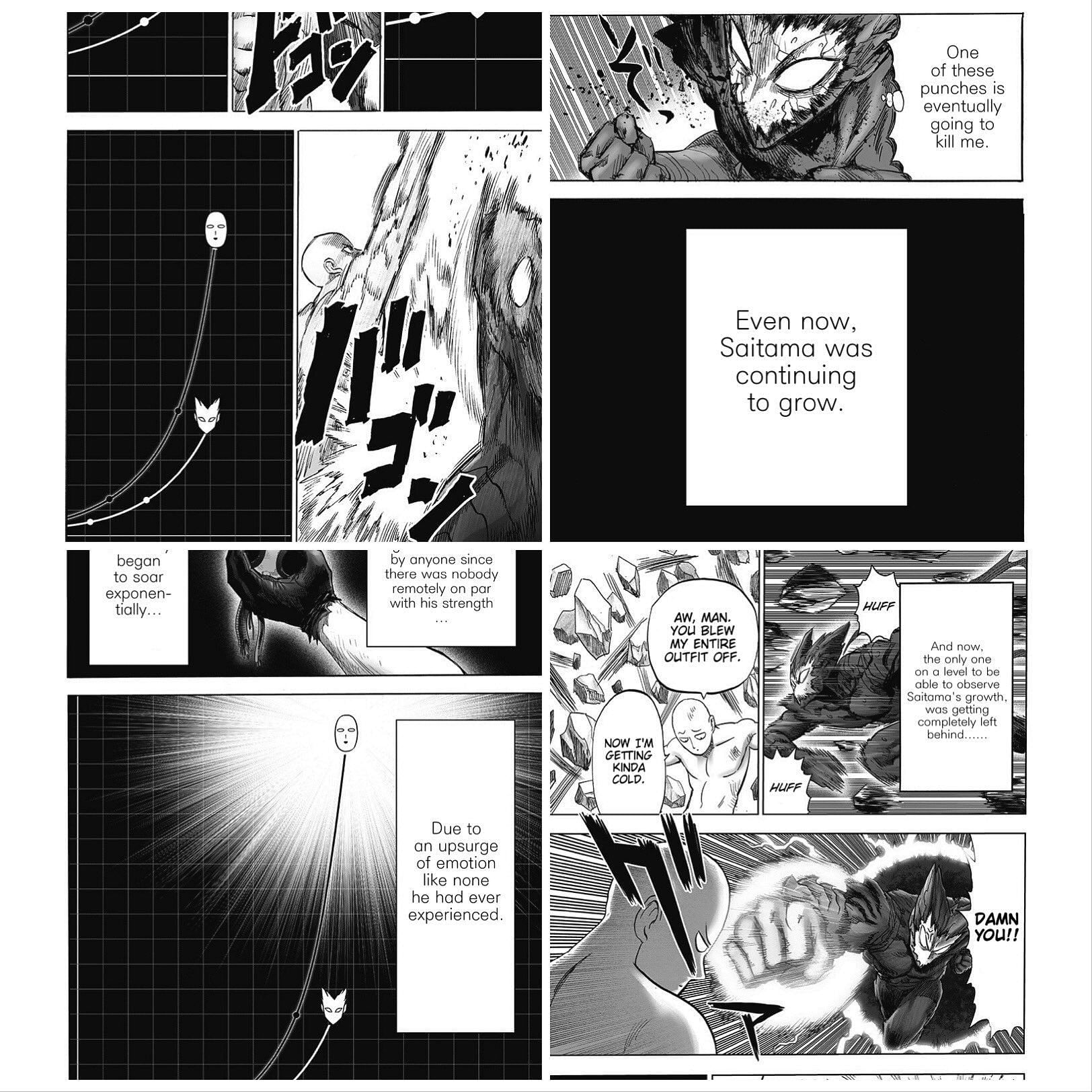 One Punch Man manga panels explaining Saitama&#039;s infinite potential and constant growth (Image via Shueisha)