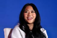 Suni Lee speaks to the media during the Gymnastics Panel at the Team USA Media Summit at the Marriott Marquis Hotel on April 15, 2024, in New York City.