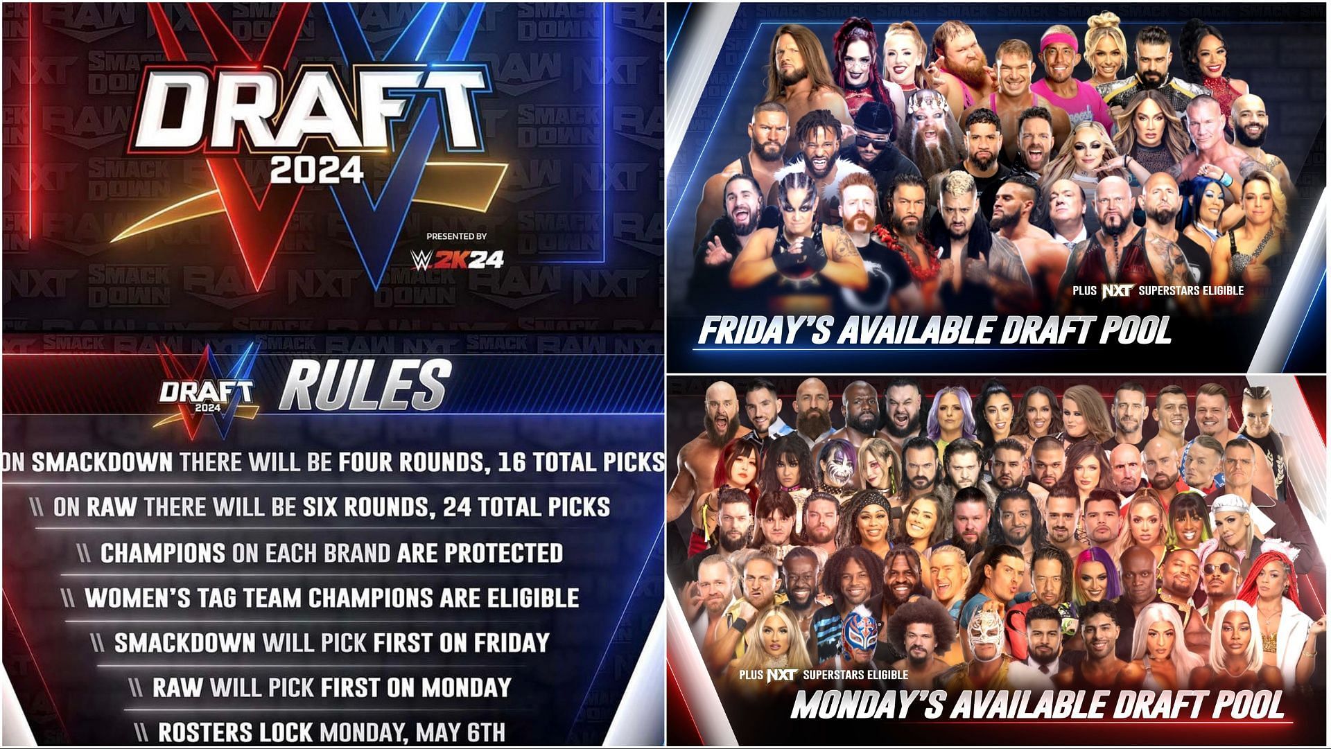 Official promotional graphics for the 2024 WWE Draft - talent pools and updated rules