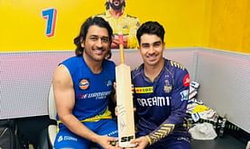 Rahmanullah Gurabaz gets MS Dhoni's autograph on a bat after CSK vs KKR IPL 2024 clash
