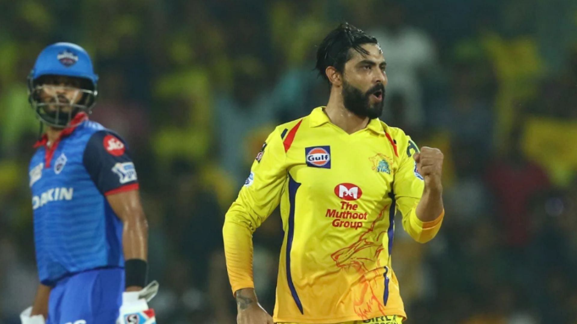 Jadeja celebrates picking a wicket against DC in 2019.
