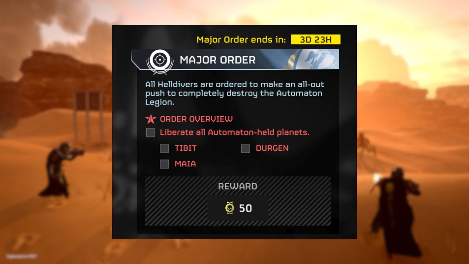 Major mission order to liberate three planets in Helldivers 2 (Image via Reddit)