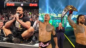 Drew McIntyre reacts after The Rock and Roman Reigns decimate Seth Rollins and Cody Rhodes at WrestleMania