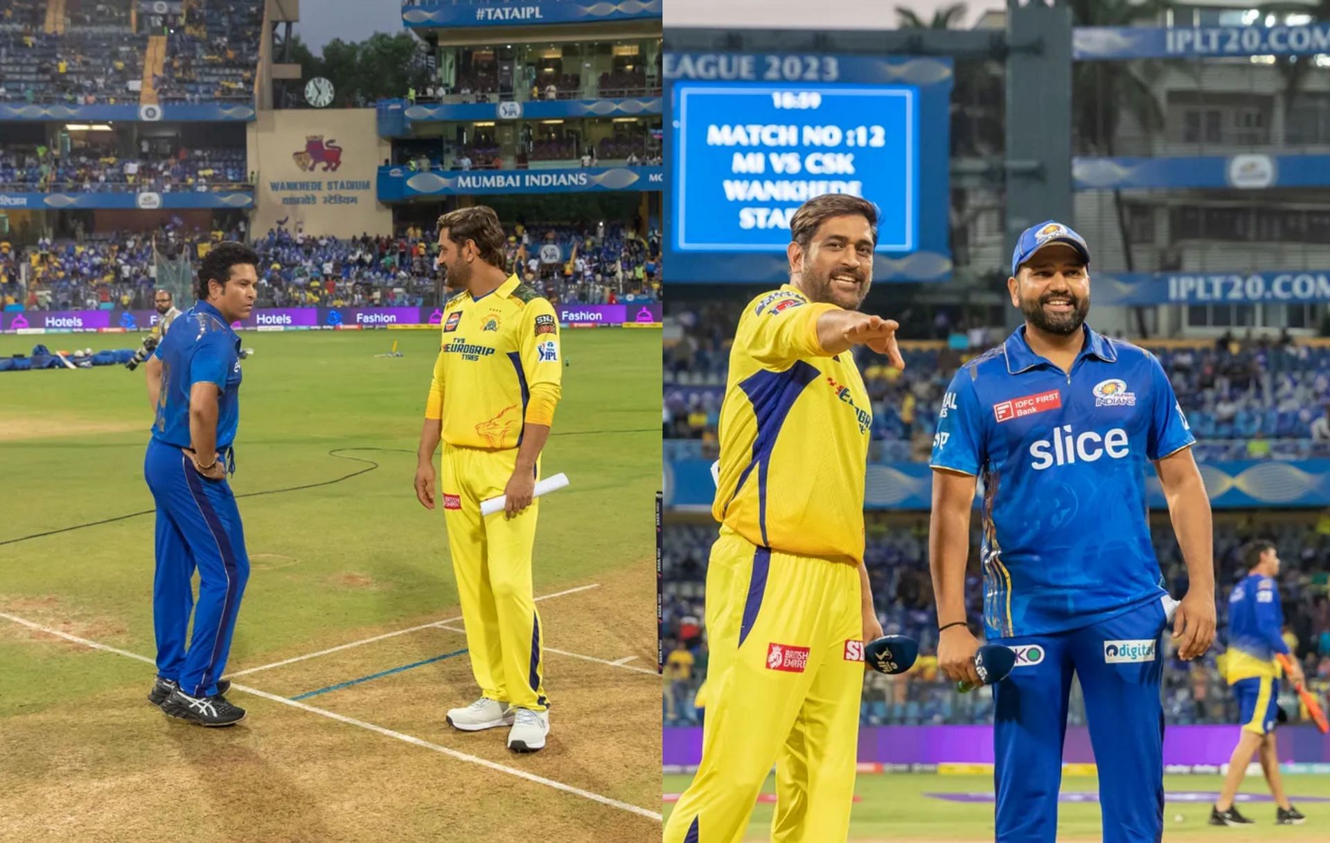 MS Dhoni with Sachin Tendulkar and Rohit Sharma during IPL match in 2023. (Images: BCCI)