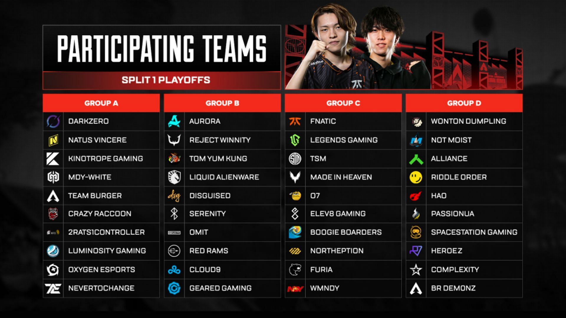 Apex Legends ALGS Year 4 Split 1 Playoffs Teams (Image via Respawn Entertainment)