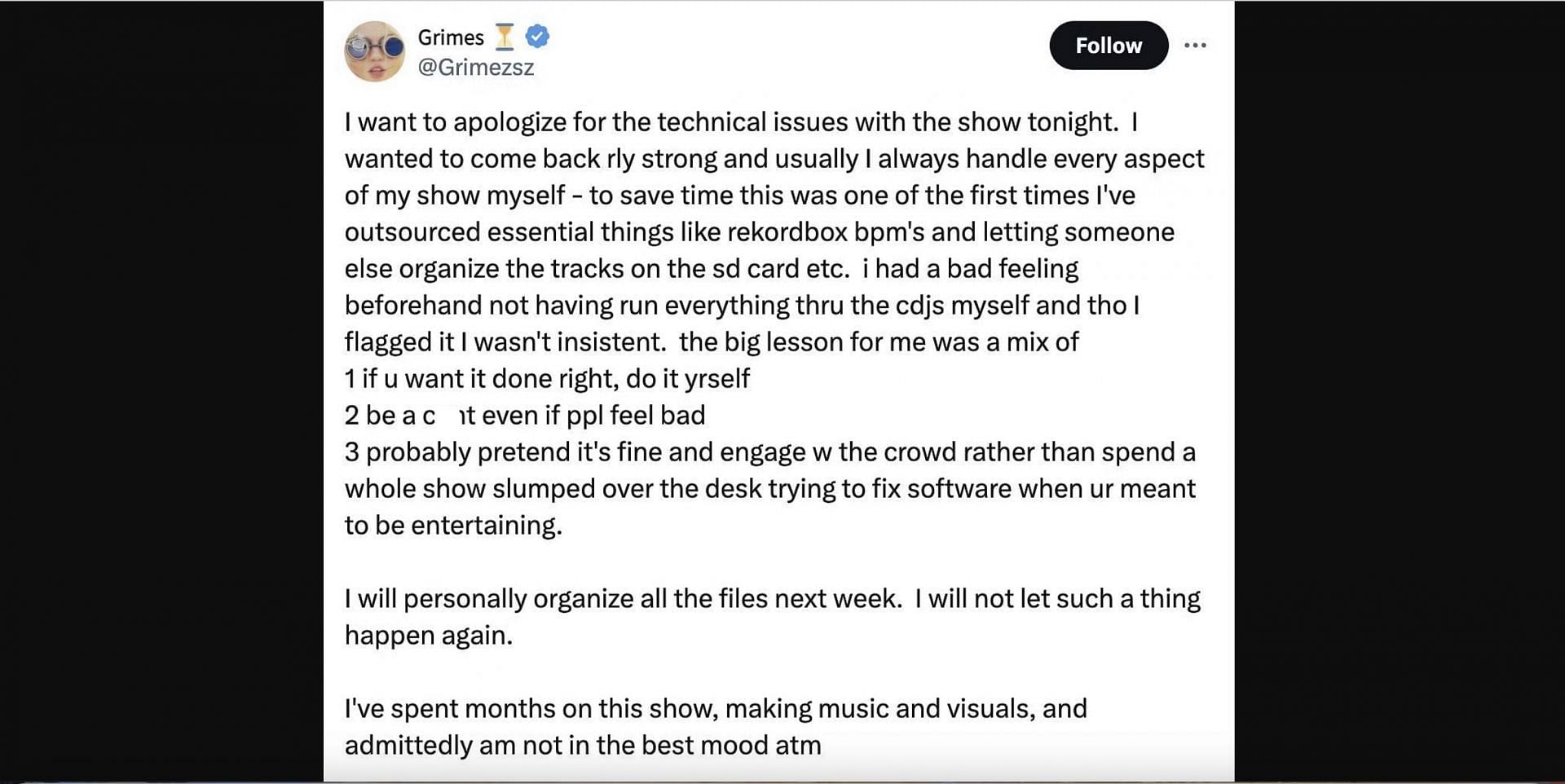 Popular singer Grimes apologized to the audience after the technical faults at Coachella 2024. (Image via @Grimes/ X)