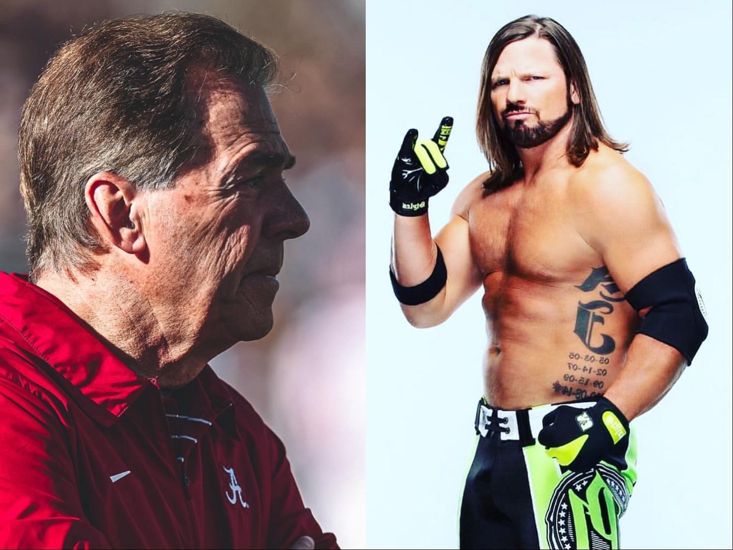 Nick Saban and AJ Styles collage