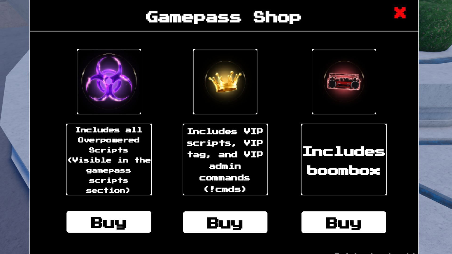 Gamepass shop in Script Fighting Ultimate (Image via Roblox)