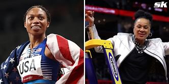 Allyson Felix reacts to South Carolina's Dawn Staley becoming the first Black coach to win 3 NCAA Division I Championships