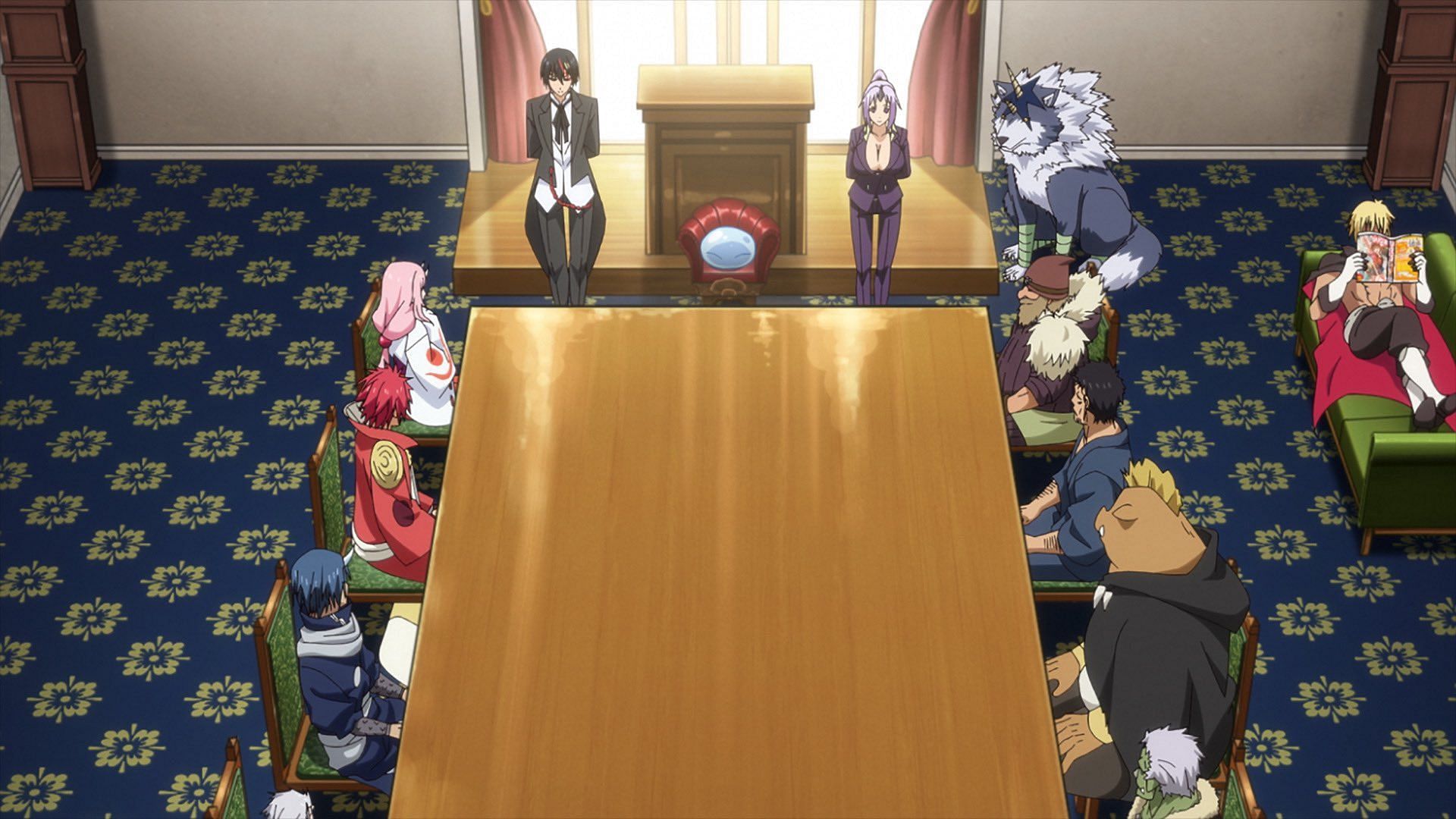 Rimuru Tempest, as seen holding a meeting in the anime (Image via 8Bit)