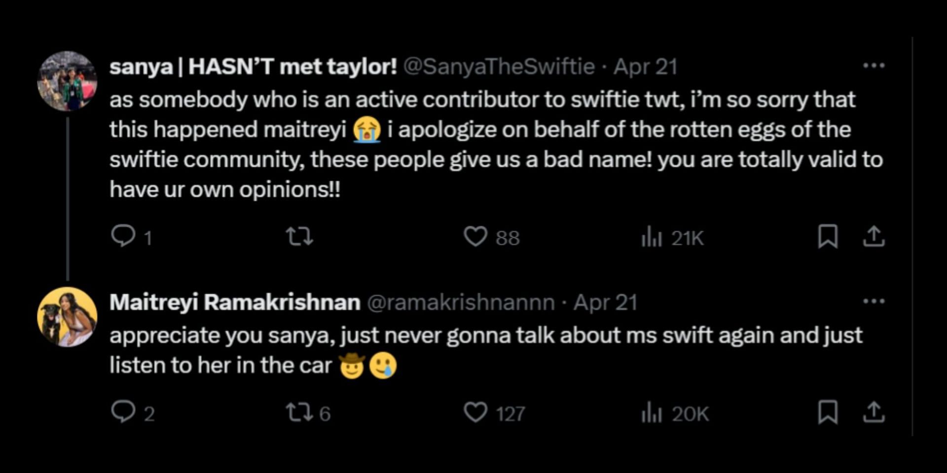 Some of Taylor&#039;s fans apologizes to Maitreyi for the backlash she received from the fandom. (Image via X/@ramakrishnannn)